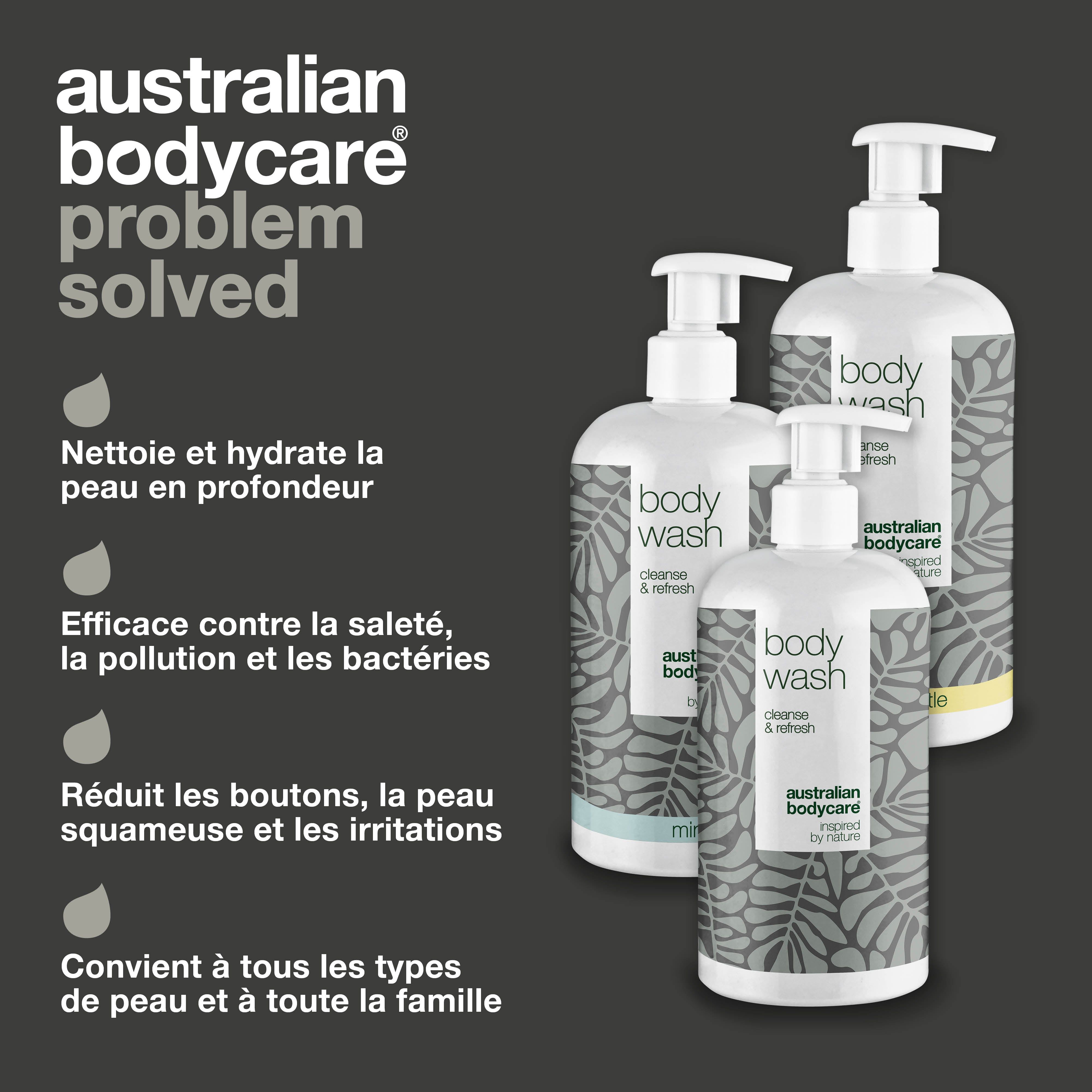 Trois flacons body wash. Texte : Nettoie et hydrate la peau, efficace contre la saleté, réduit les boutons, pour tous types de peau.