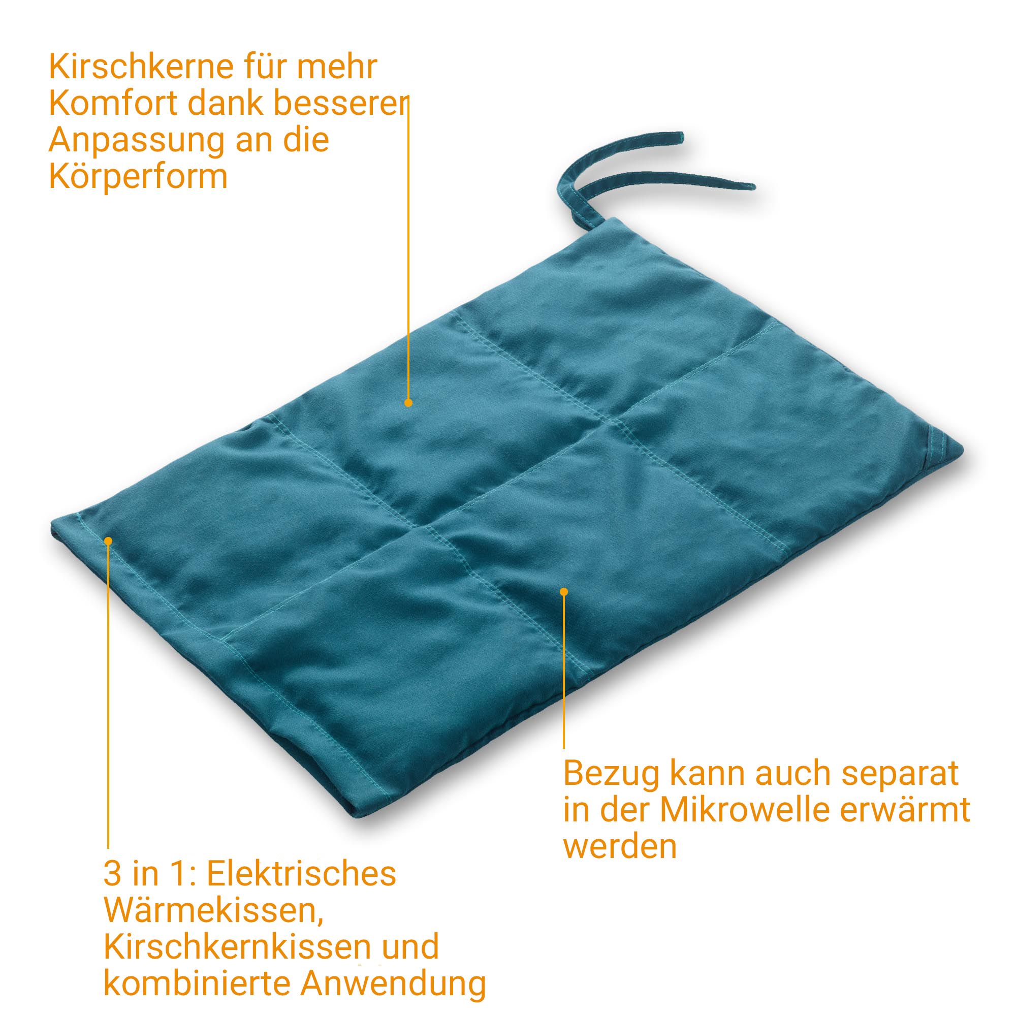 Elektrisch kersenpitkussen met afneembare hoes, petrol.