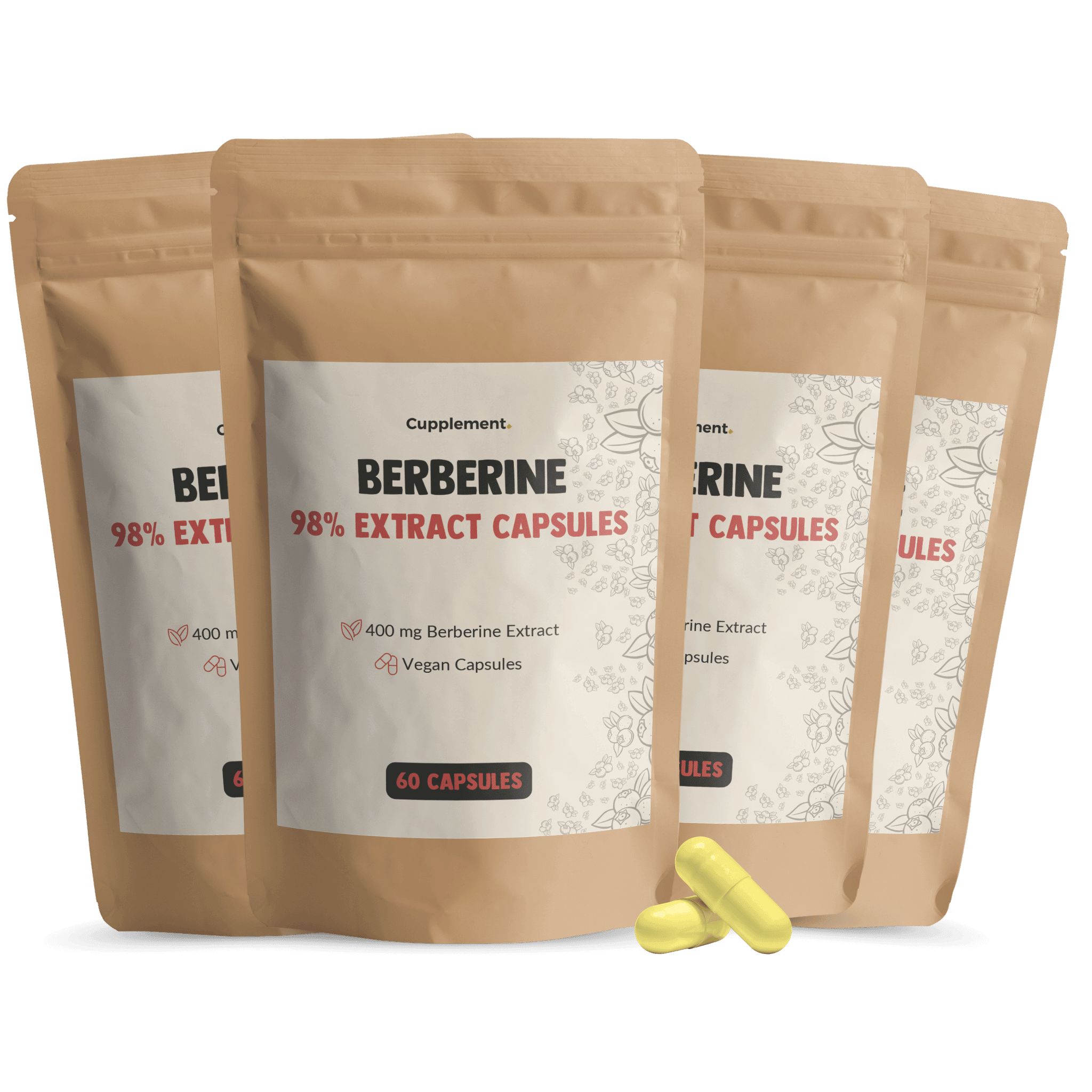 Vier zakjes Cupplement® Berberine Extrakt Kapseln. Opschrift: Berberine 98% Extract Capsules, 60 capsules.