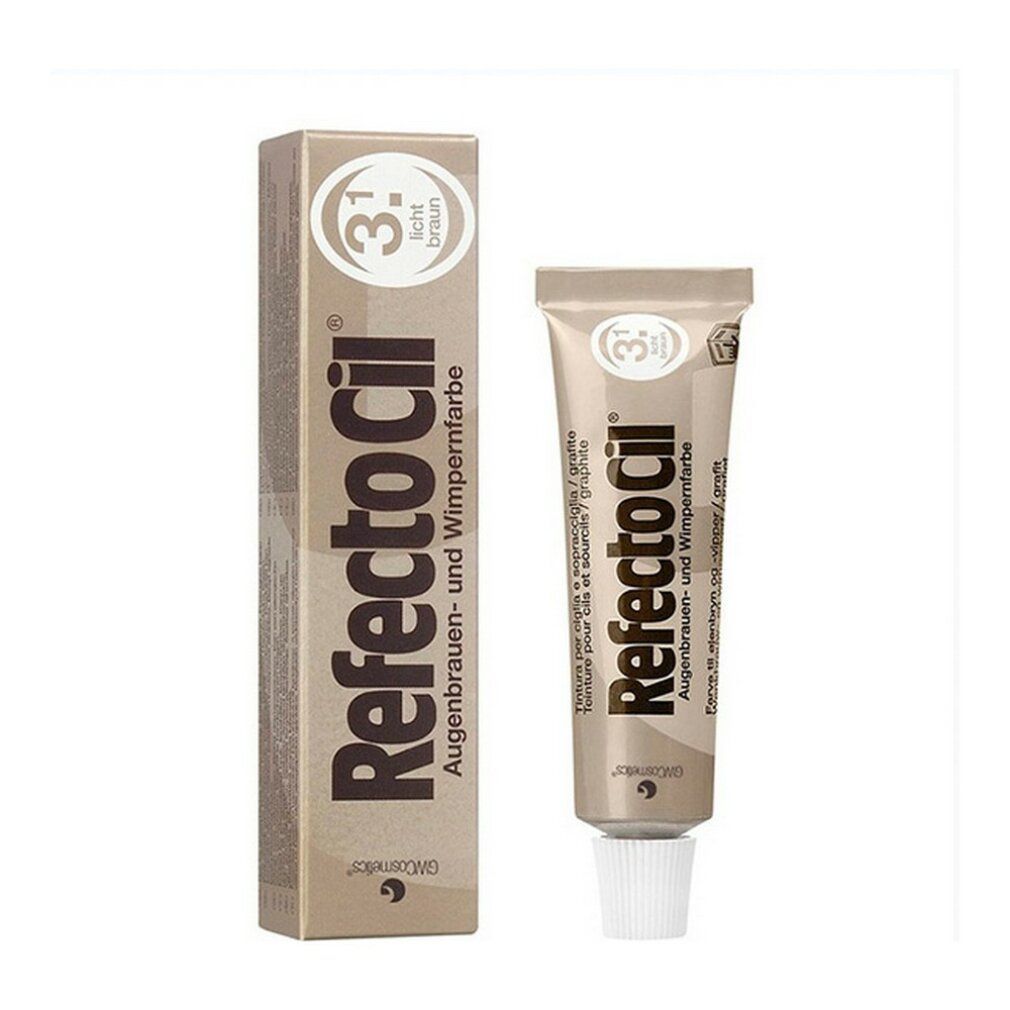 Refectocil 3.1 lichtbruin, wenkbrauw- en wimperverf. Tube en verpakking. Bruine tekst op lichtbruine achtergrond.