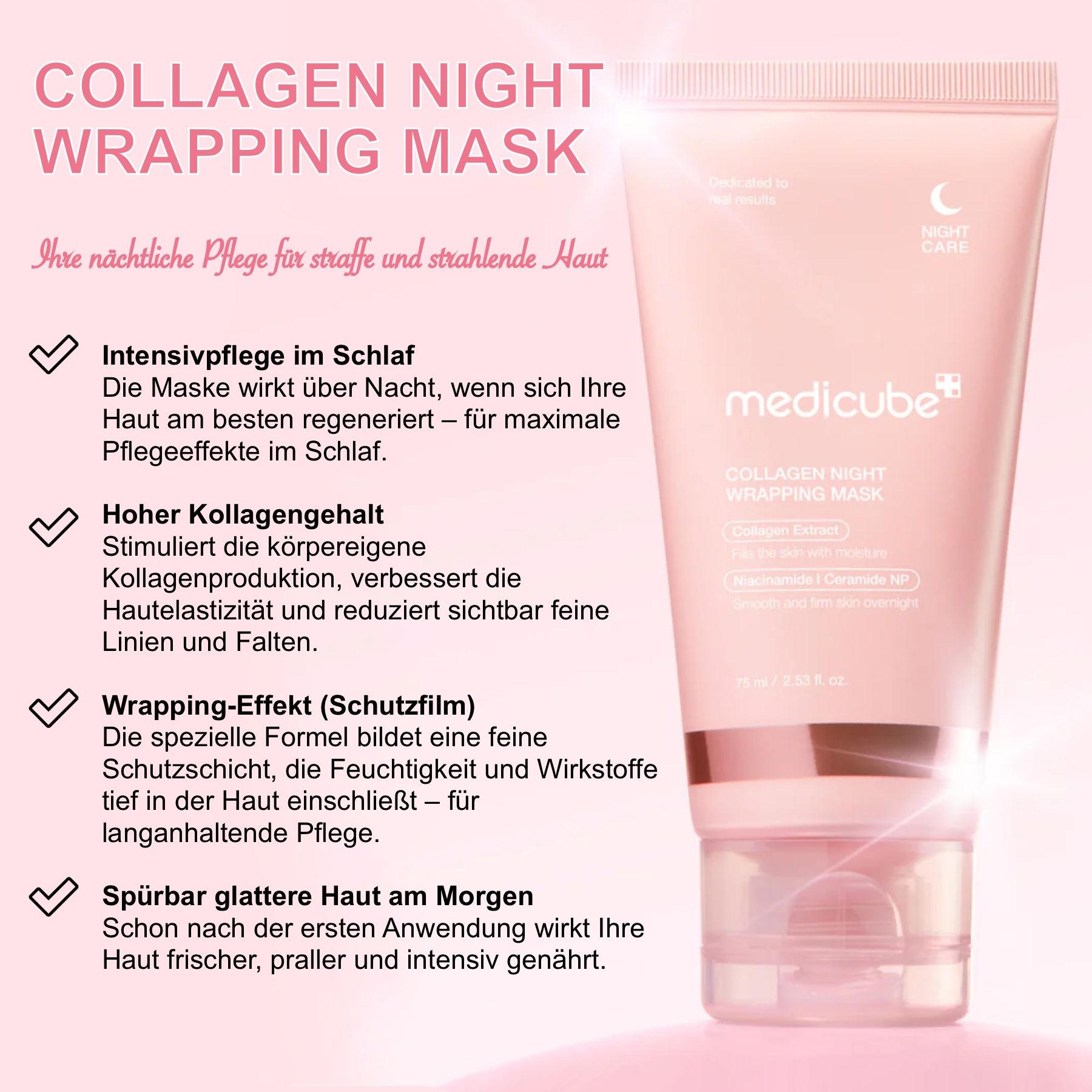 Een tube Medicube Collagen Night Wrapping Mask. Tekst: Collagen Night Wrapping Mask. Voordelen: intensieve verzorging, hoog collageengehalte, wrapping-effect.