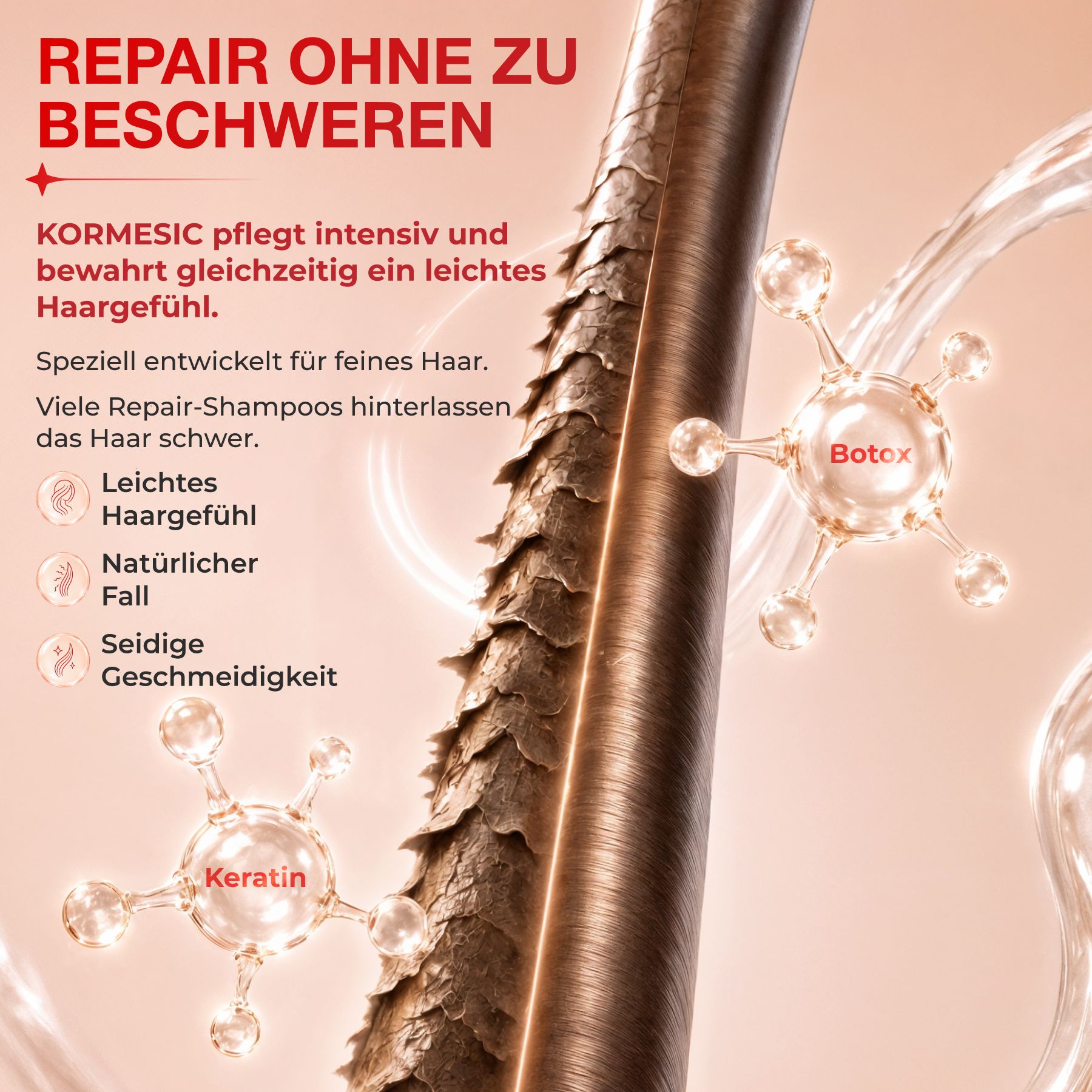 Close-up van beschadigd haar met zichtbare schubbenlaag. Moleculen met 'Keratine' en 'Botox' zijn afgebeeld.