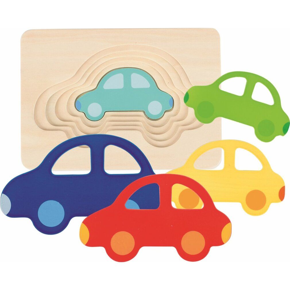 Houten puzzel met 5-laags auto-ontwerp. Blauwe, rode, gele en groene auto's. Goki-logo rechtsonder.