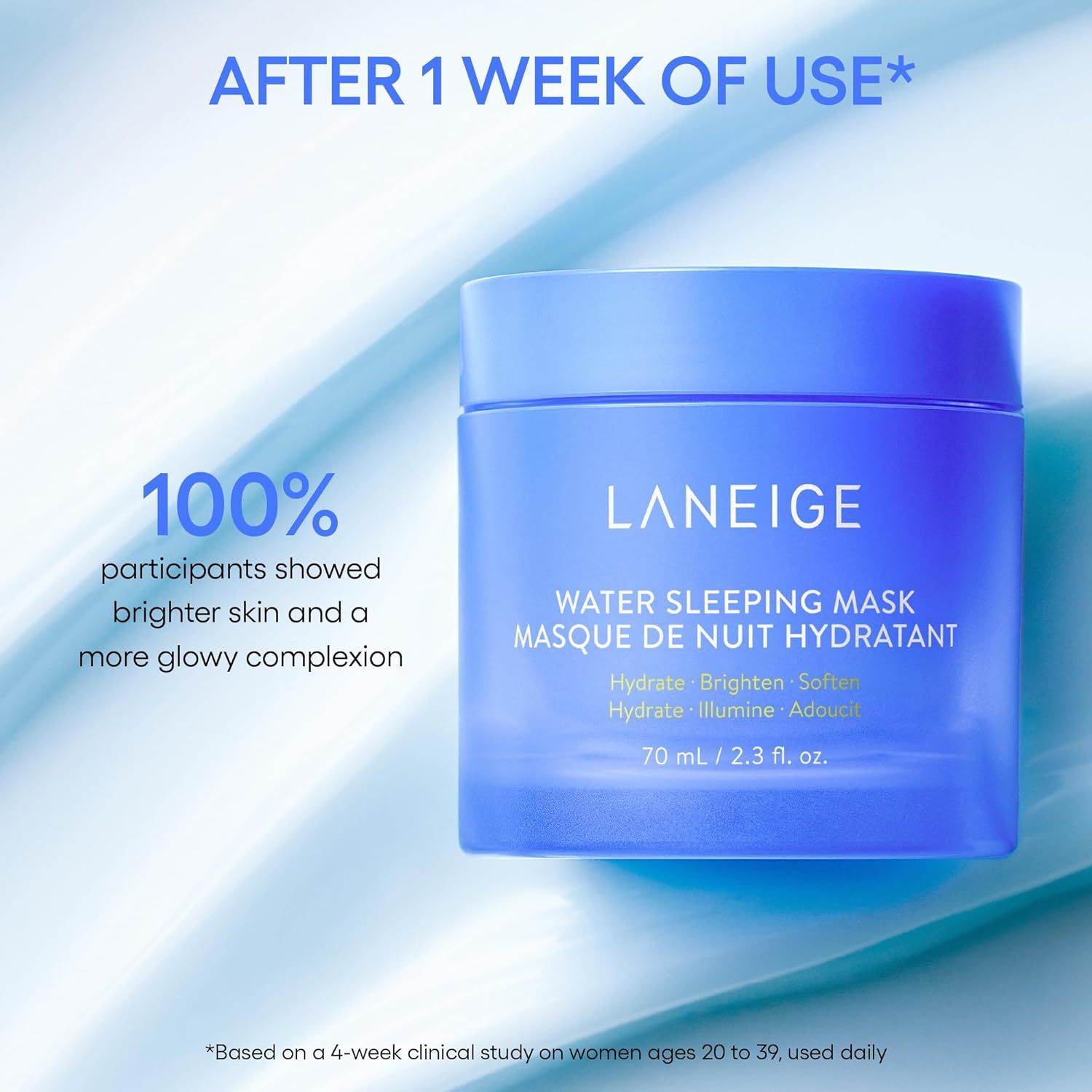 Pot bleu avec texte blanc: LANEIGE, WATER SLEEPING MASK. Texte: 100% peau plus claire. Fond bleu.