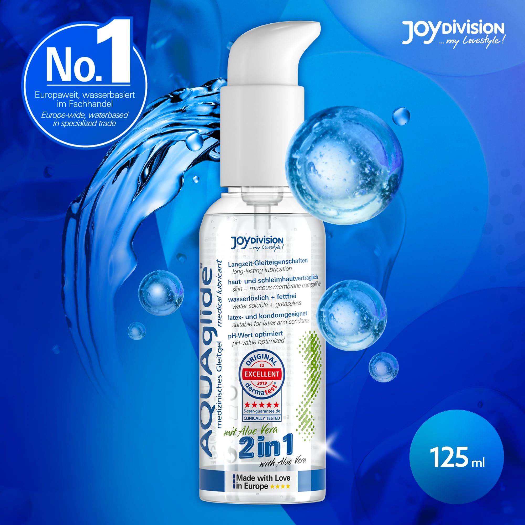 Gel lubrifiant AQUAGLIDE 2in1 Aloe Vera, flacon pompe 125ml, sceau "Original Excellent".