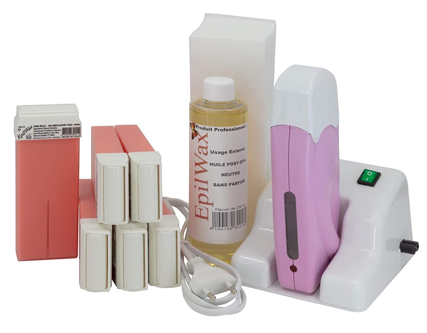 Kit de cire avec chauffe-cire, huile et cartouches de cire. Chauffe-cire rose avec support. Plusieurs composants.