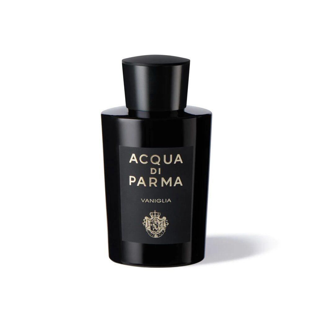Zwarte fles met etiket. Opschrift: ACQUA DI PARMA, VANIGLIA. Gouden wapen.