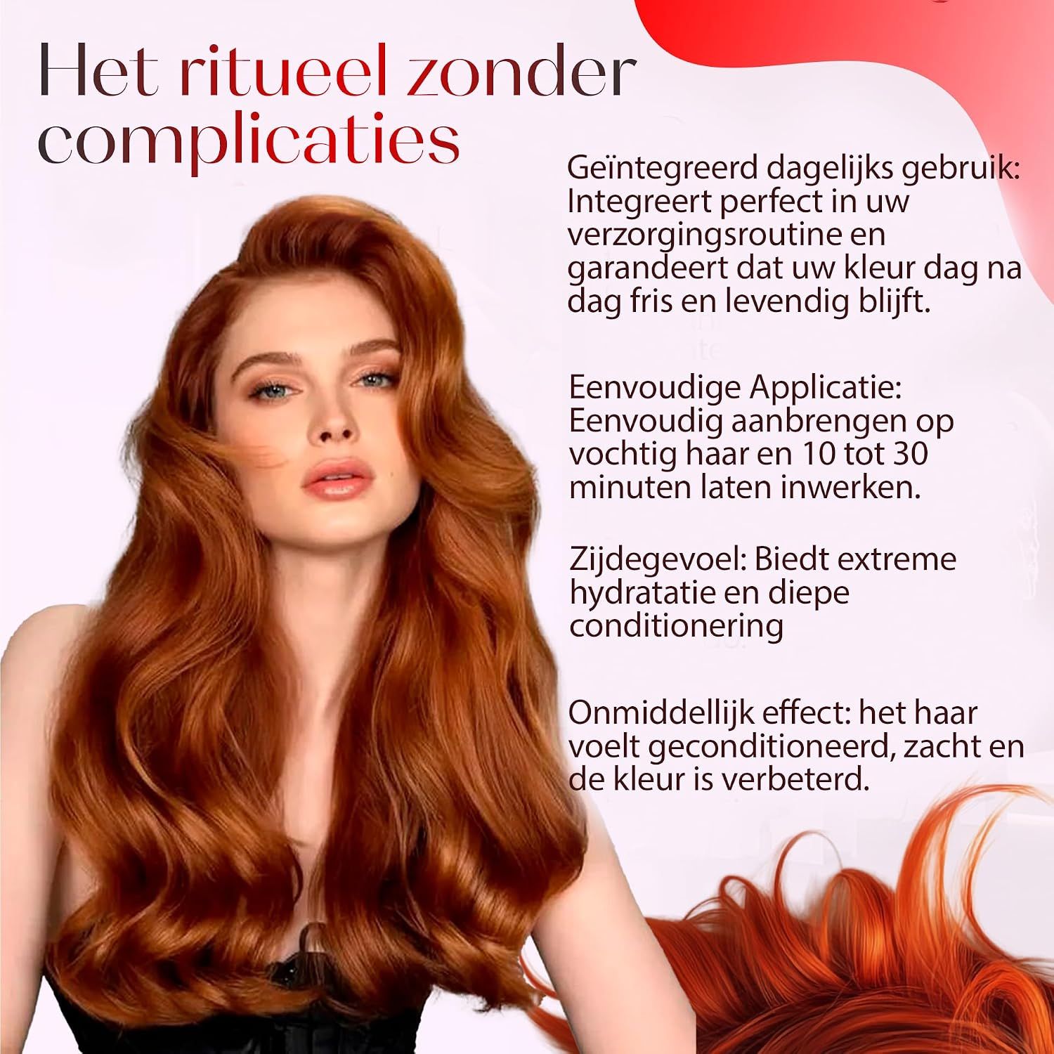 Vrouw met lang, rood haar, tekst over haarverzorging.