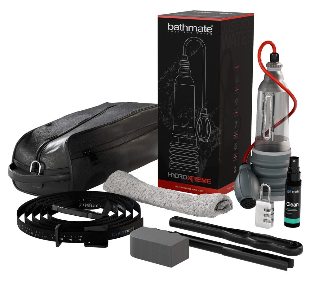 Ensemble Bathmate HydroXtreme8 Clear avec sac, tissu et accessoires.