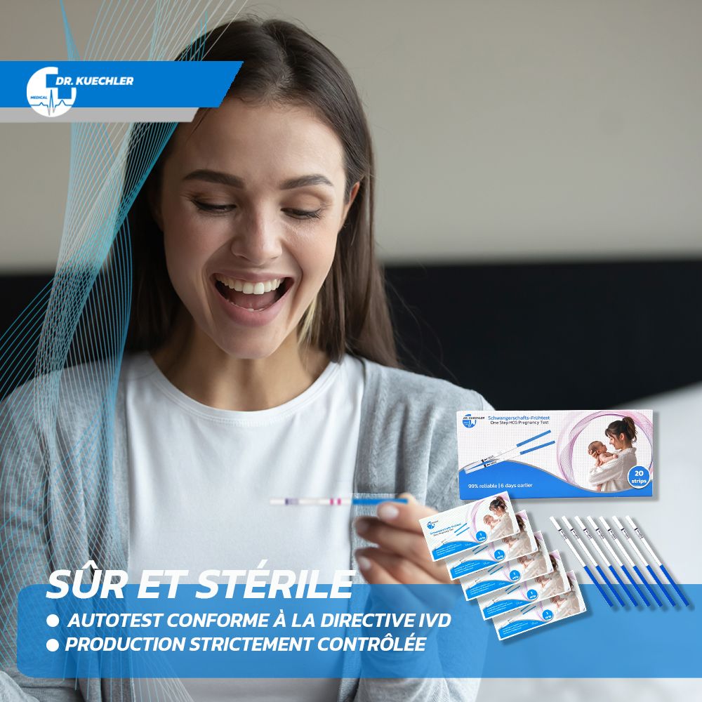 Femme avec test de grossesse. Boîte et tests individuels en arrière-plan. "Sûr et stérile".