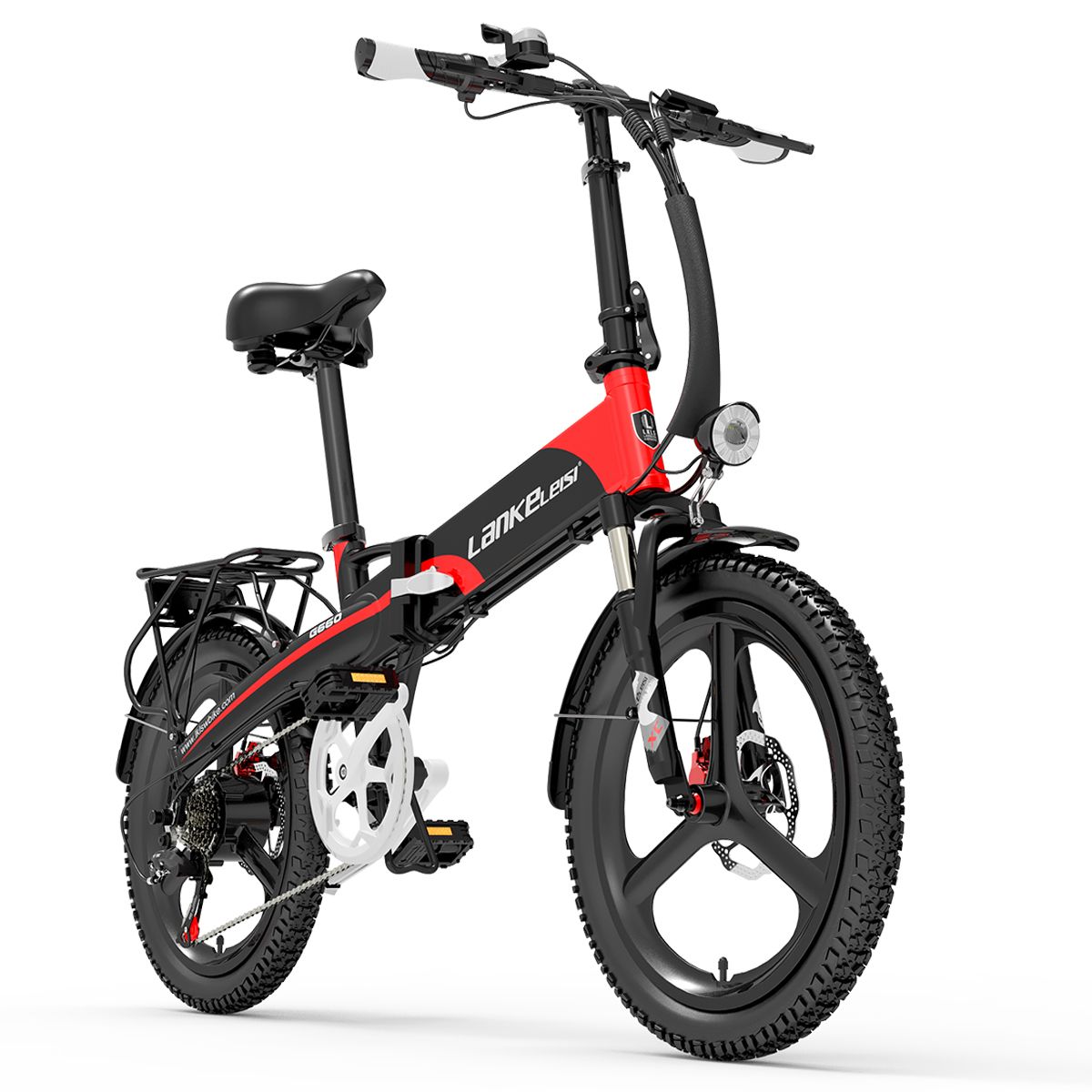Vélo électrique pliable rouge et noir. Marque LANKELEISI, modèle G660. Pneus noirs, porte-bagages, phare. Cadre plié.