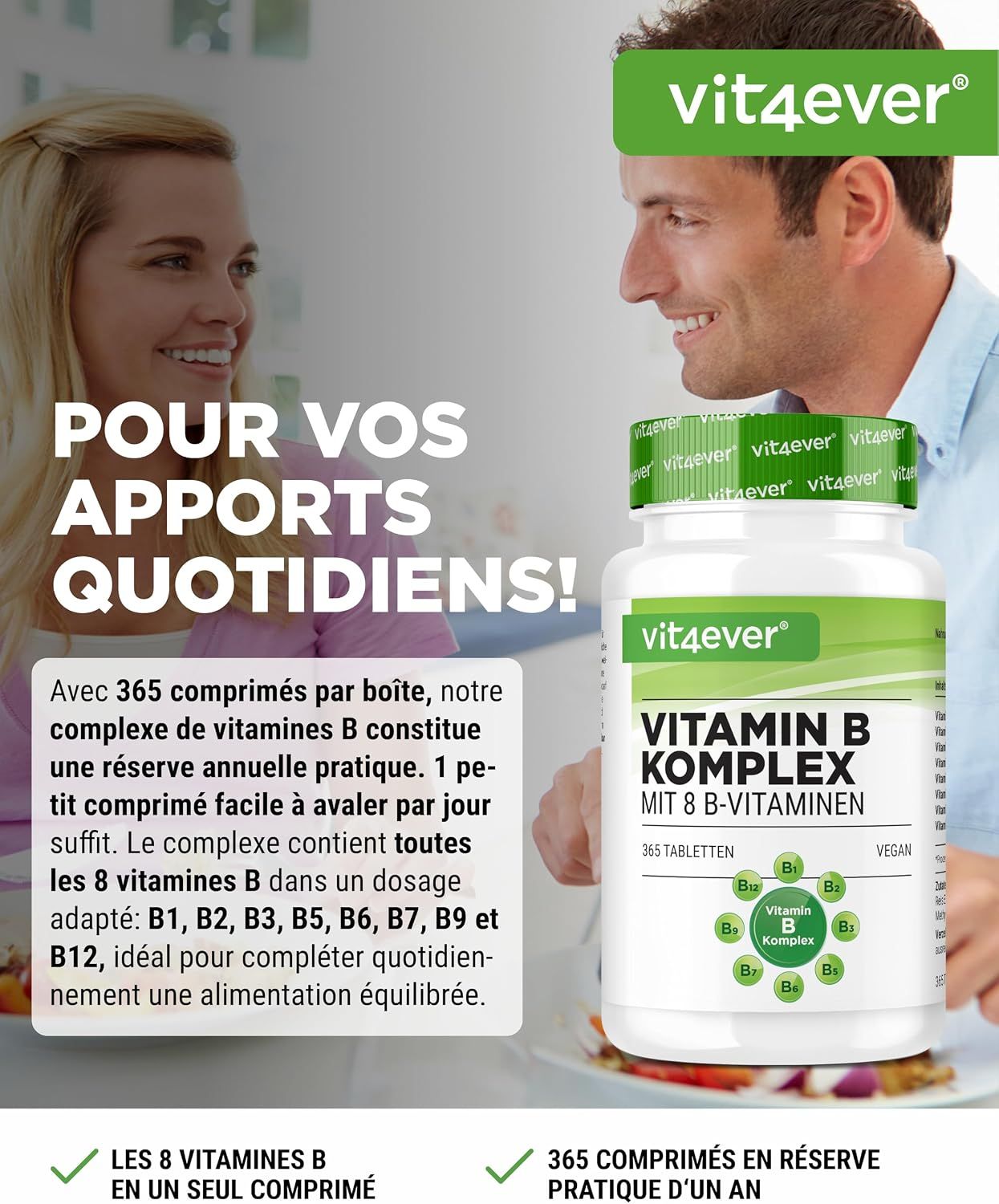 Vit4ever Complexe de Vitamine B: 365 comprimés, vegan, avec 8 vitamines B.