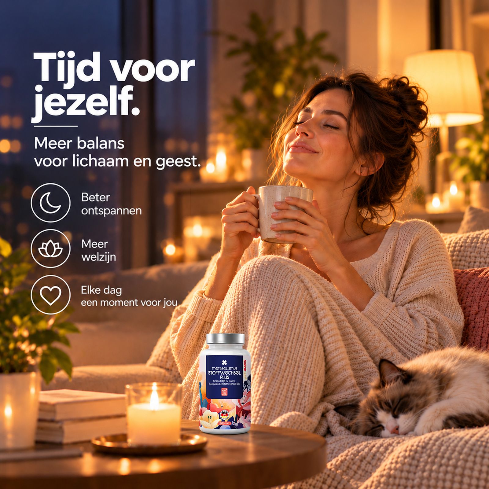 Vrouw ontspant 's avonds, SonneSee Stoffwechsel Komplex fles op tafel. Focus op ontspanning.
