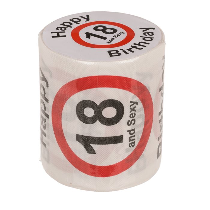 Rol toiletpapier met opdruk. Tekst: Happy Birthday, 18 and Sexy. Rode cirkel met leeftijdsindicatie.