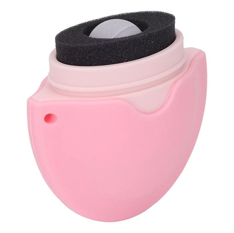 Produit ovale rose avec éponge et rouleau. Éponge noire entoure le rouleau. Boîtier rose.