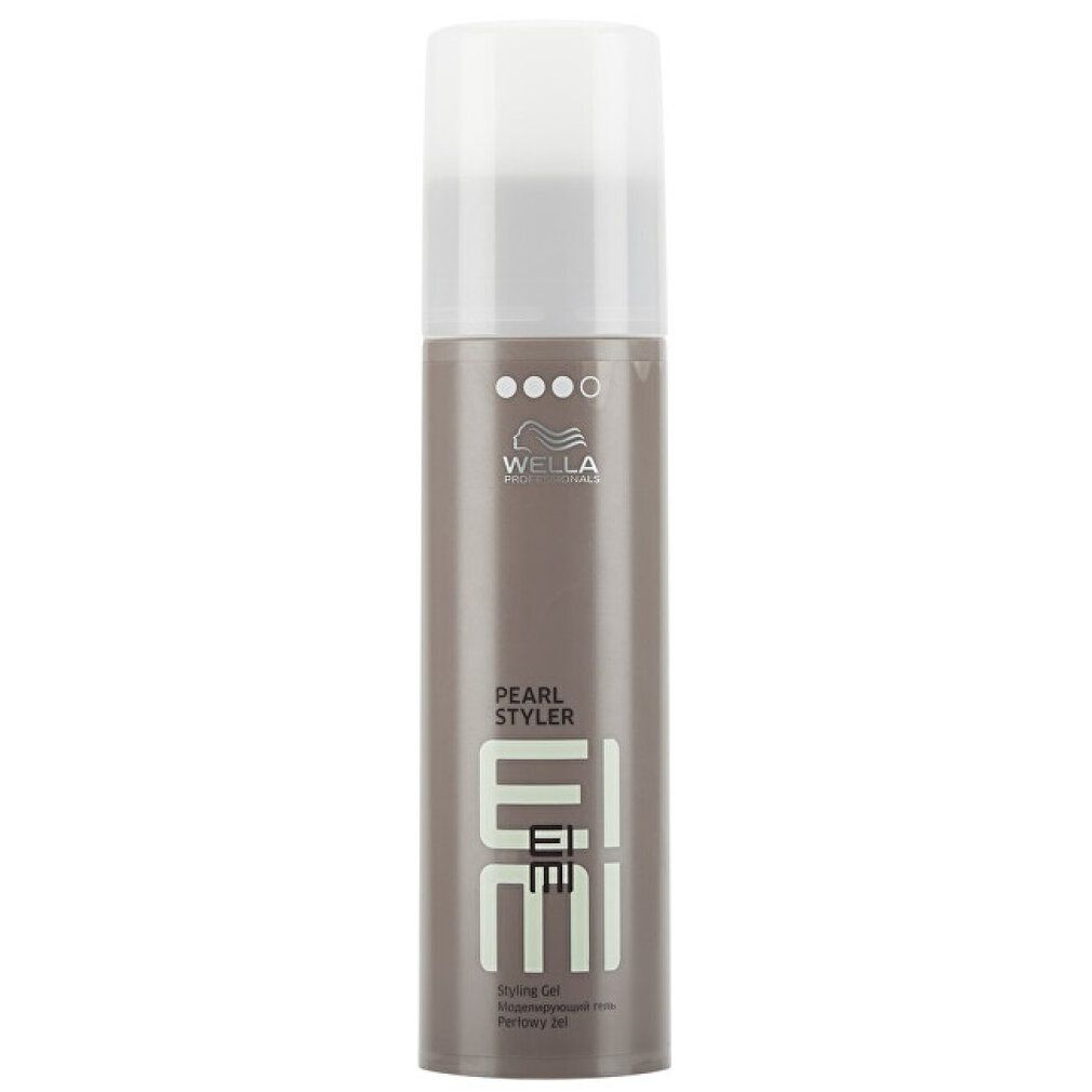 Grijze fles met witte dop. Opschrift: Wella, Pearl Styler, Eimi. Styling Gel.