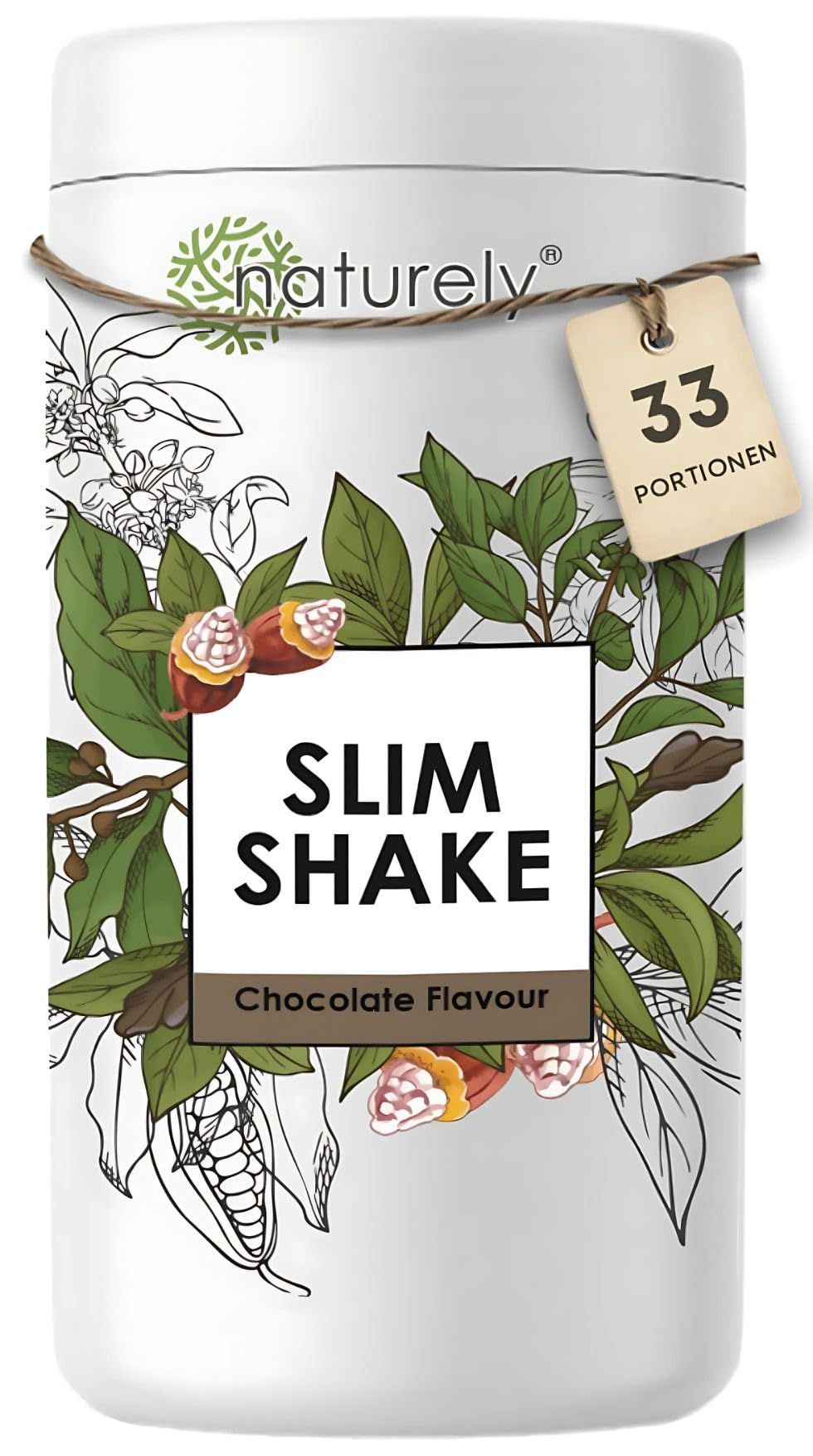 Boîte blanche avec inscription 'Slim Shake Chocolate Flavour' et motifs cacao. Contient 33 portions.