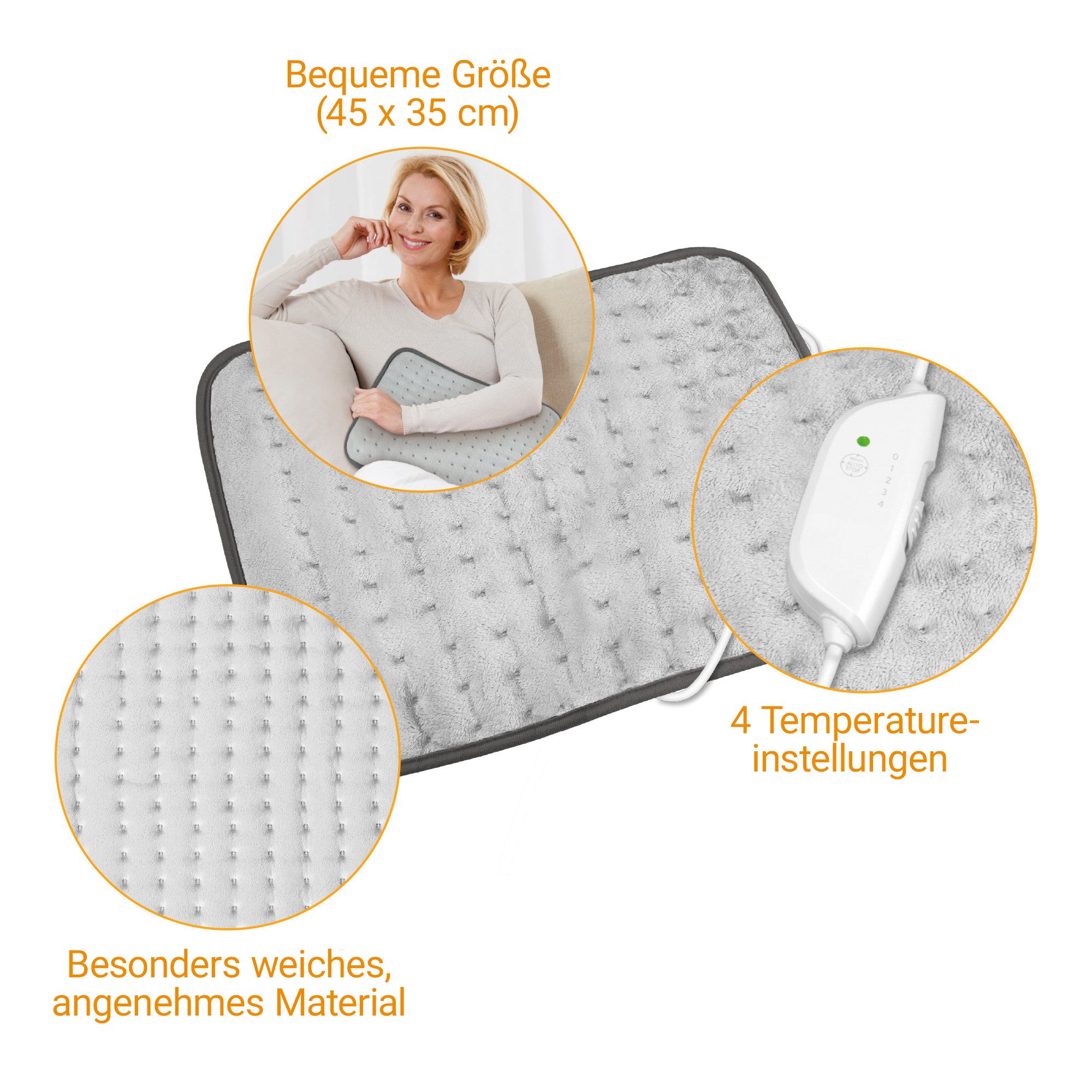 Coussin chauffant gris avec vues détaillées : taille (45x35cm), matière douce, 4 réglages de température.