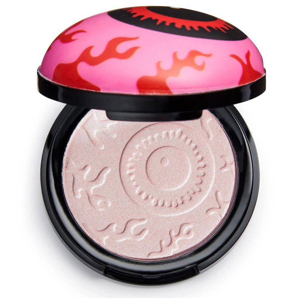 Ronde zwarte houder met roze deksel. De deksel toont een rood vlammenpatroon en een oogontwerp. De highlighter is lichtroze.