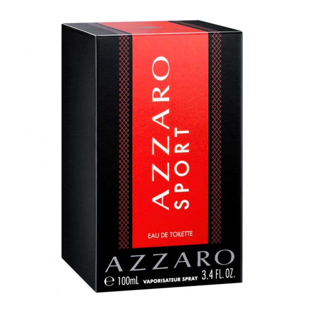 Emballage noir avec bande rouge. Inscription : AZZARO SPORT. Texte : Eau de Toilette.