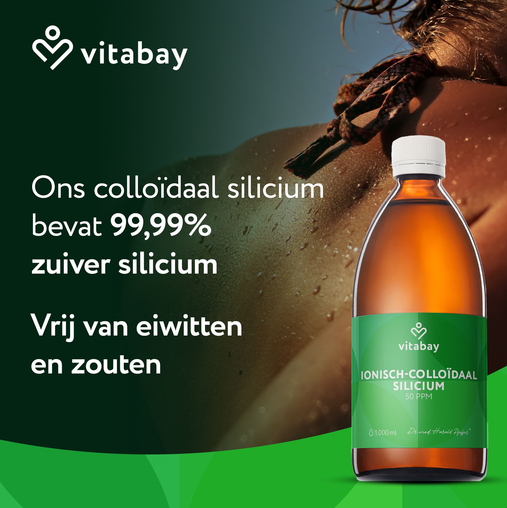 Bruine glazen fles met groen etiket waarop "vitabay IONISCH-COLLOIDAL SILICIUM 50 PPM" staat.