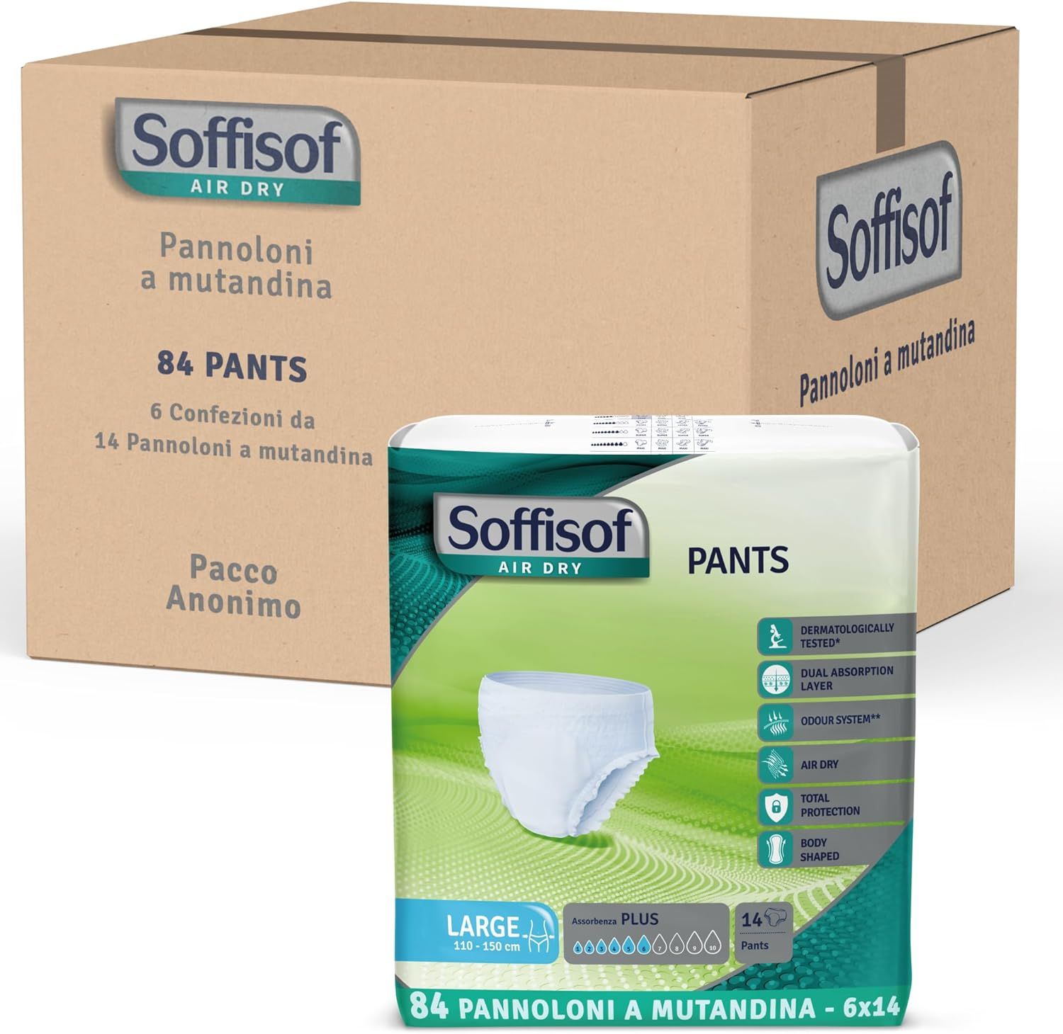 Soffisof Pants Plus incontinentiebroekjes. Doos met verpakkingen. Verpakking broekjes, maat Large, 110-150 cm. Opschriften: Air Dry, Plus, 84 stuks.