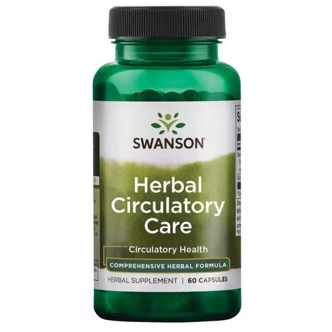 Groene fles met zwarte dop. Opschrift: SWANSON Herbal Circulatory Care. 60 capsules. Kruidensupplement.