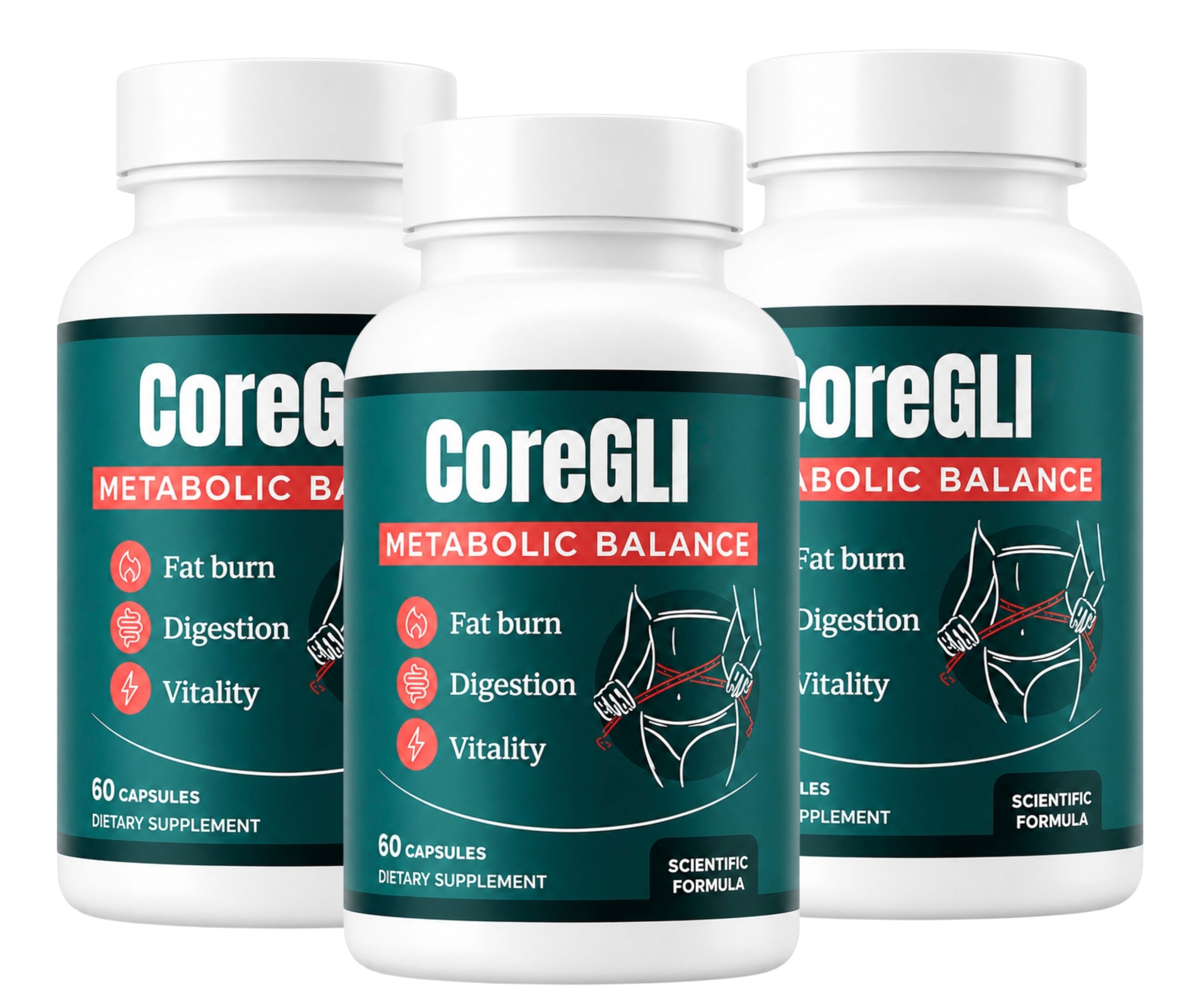 Trois bouteilles de complément alimentaire CoreGL avec des étiquettes indiquant 'Fat burn', 'Digestion' et 'Vitality'.