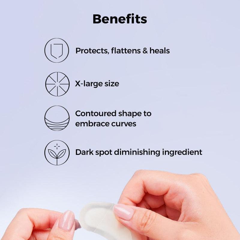 Avantages des patchs anti-acné. Protège, lisse et guérit. Taille X-Large. Forme profilée. Ingrédient éclaircissant les taches sombres.