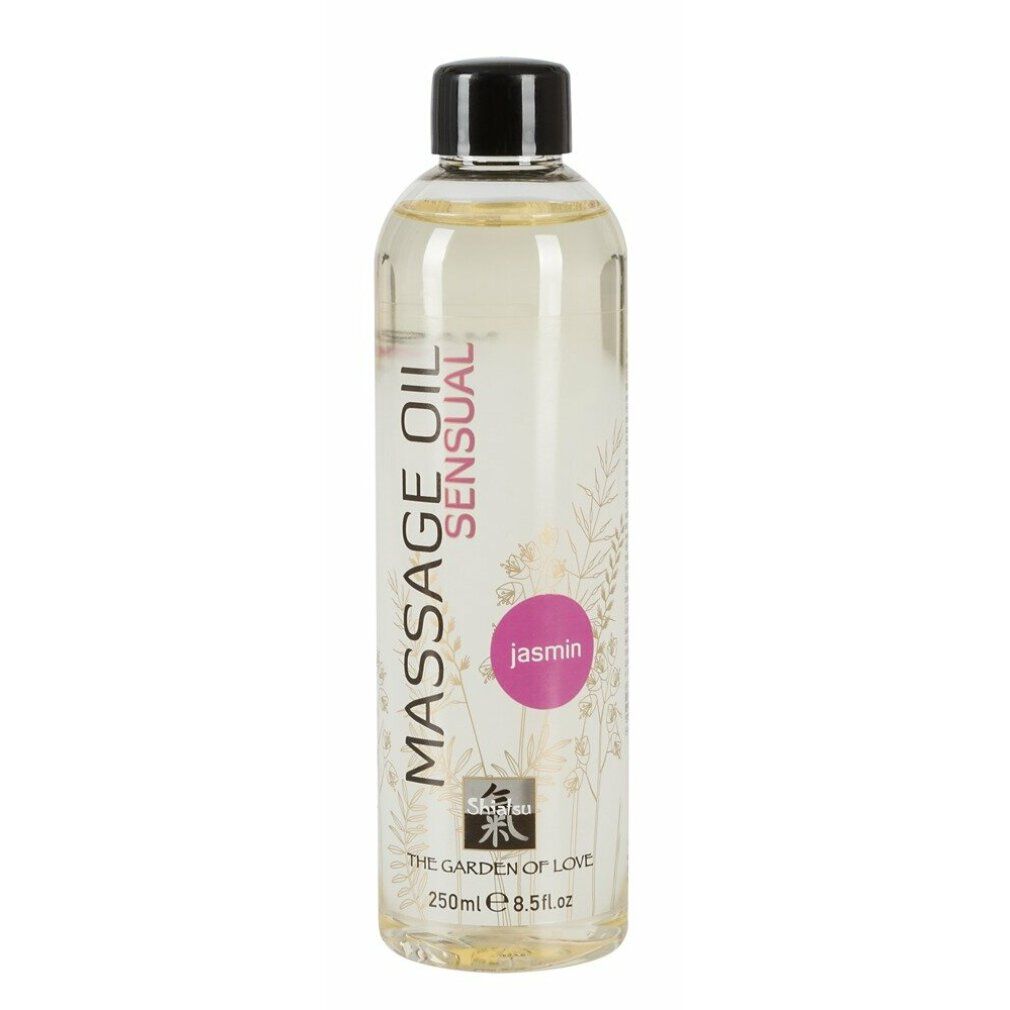 Flacon d'huile de massage avec bouchon noir. Inscription: Massage Oil Sensual Jasmin. 250ml/8.5 fl.oz. Design floral.