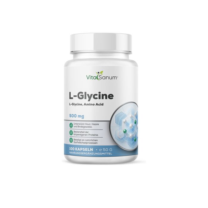 VitaSanum L-Glycine 500 mg capsules. Witte container met blauw etiket met aminozuur en aantal capsules.