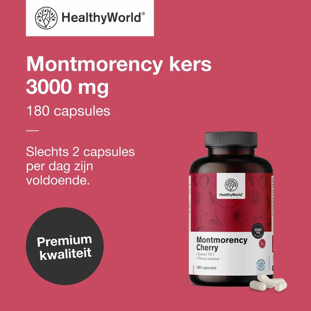 Fles met opschrift: Montmorency kers 3000 mg, 180 capsules. Logo: HealthyWorld. Tekst: Premium kwaliteit.