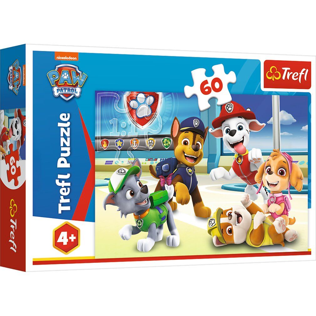 Trefl Puzzel Paw Patrol, 60 stukjes. Verpakking met puzzelmotief. Logo's Paw Patrol en Trefl.