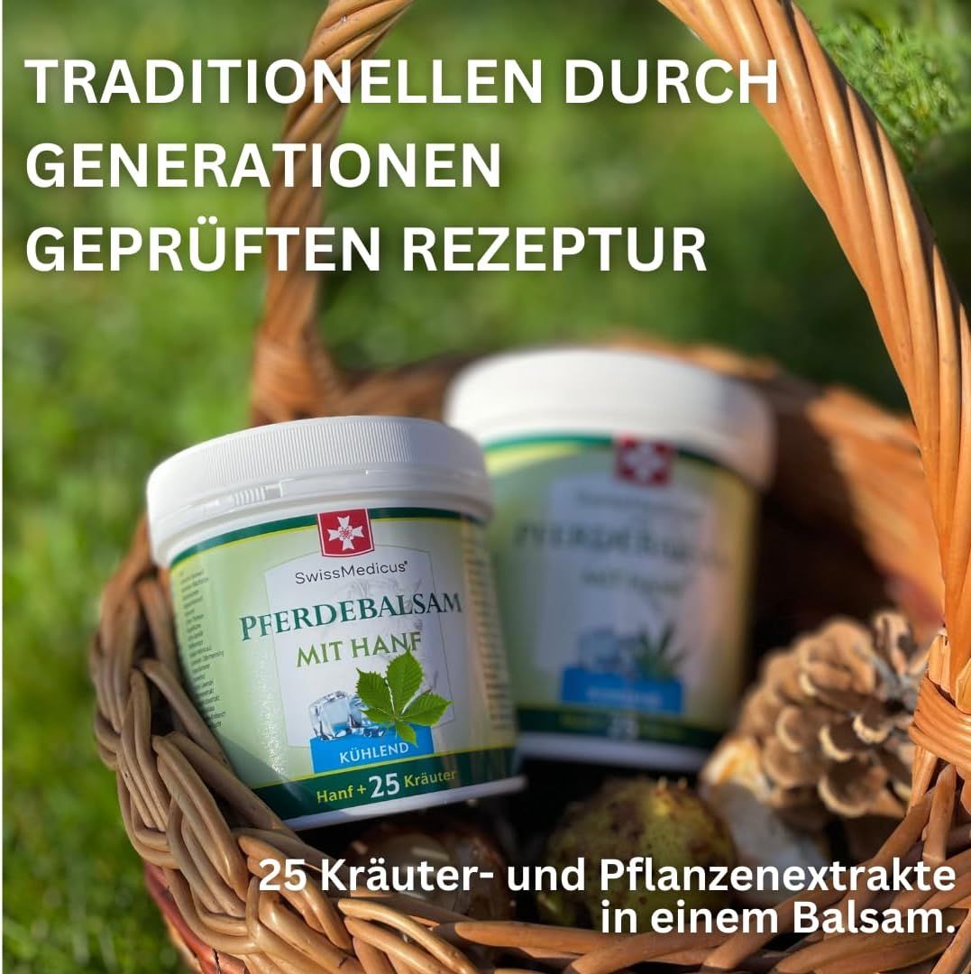 Twee potten SwissMedicus Pferdebalsam mit Hanf in een mand. Tekst: Traditioneel receptuur getest door generaties.