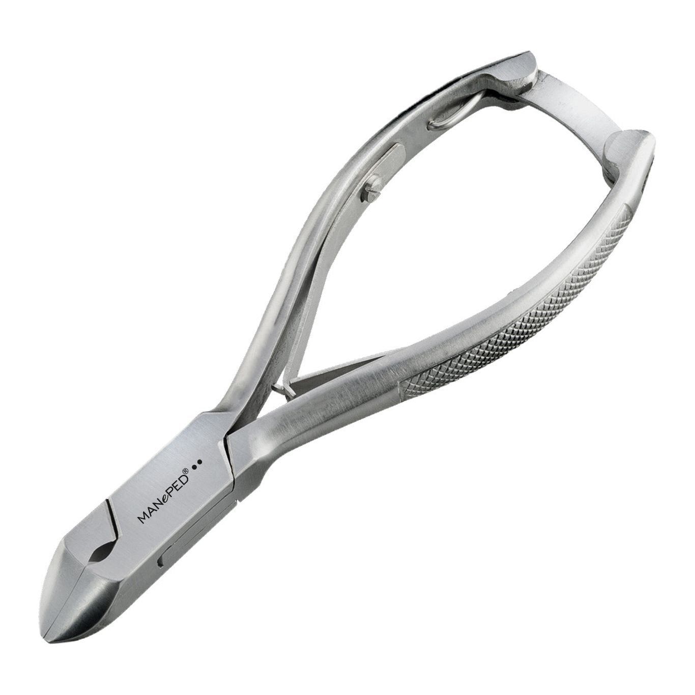 Pince à ongles en métal. Logo MANePed. Métal argenté, poignées striées. Design ergonomique.