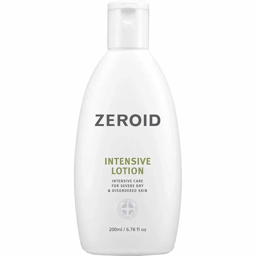 Flacon blanc de ZEROID Intensive Lotion. Texte vert : Intensive Lotion. 200ml/6.76 fl oz.