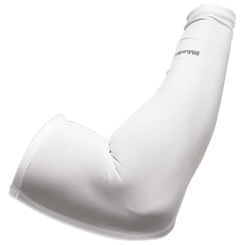 Manchon blanc, légèrement courbé. Petit nom de marque en haut. Matière élastique.