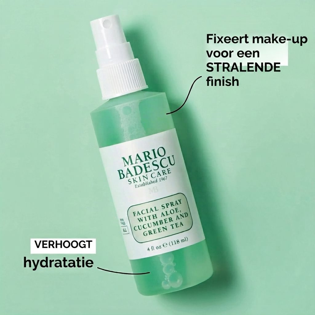 Mario Badescu gezichtsspray met aloë, komkommer en groene thee, groene vloeistof in de fles.