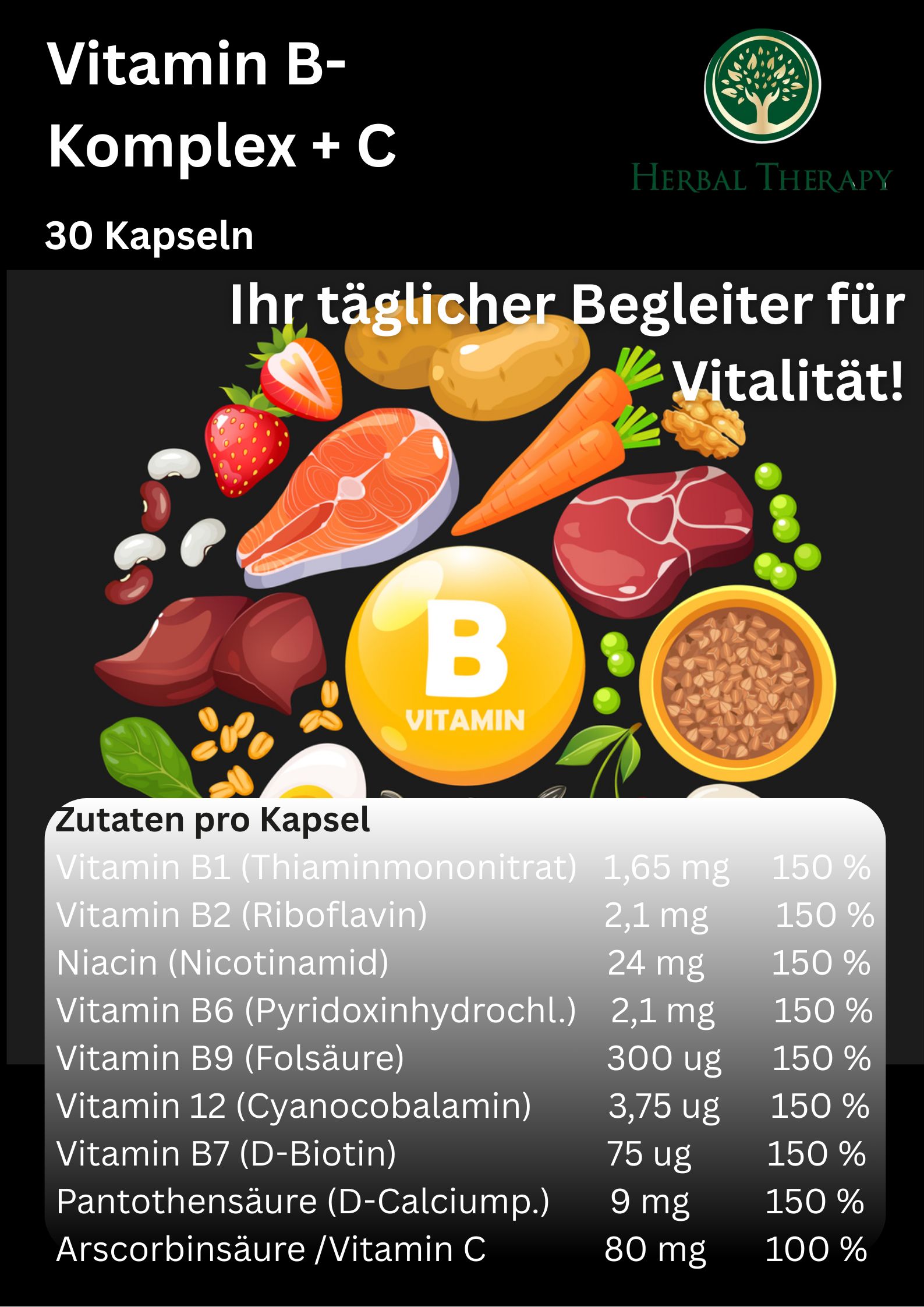 Image promotionnelle pour Herbal Therapy Vitamin B-Komplex + C. Produit, ingrédients, informations nutritionnelles, texte sur les bienfaits.