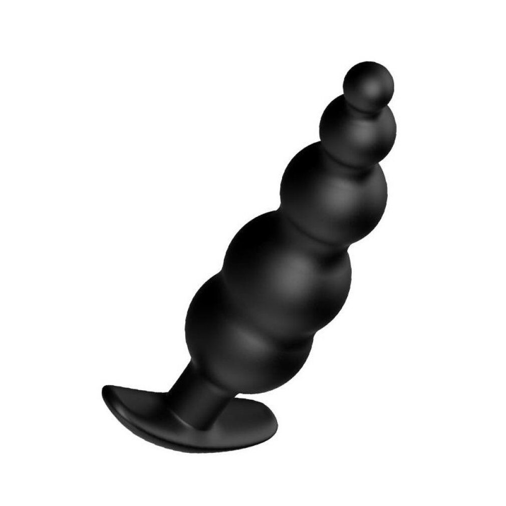Plug anal en silicone noir, en biais par l'avant, avec finition sphérique.