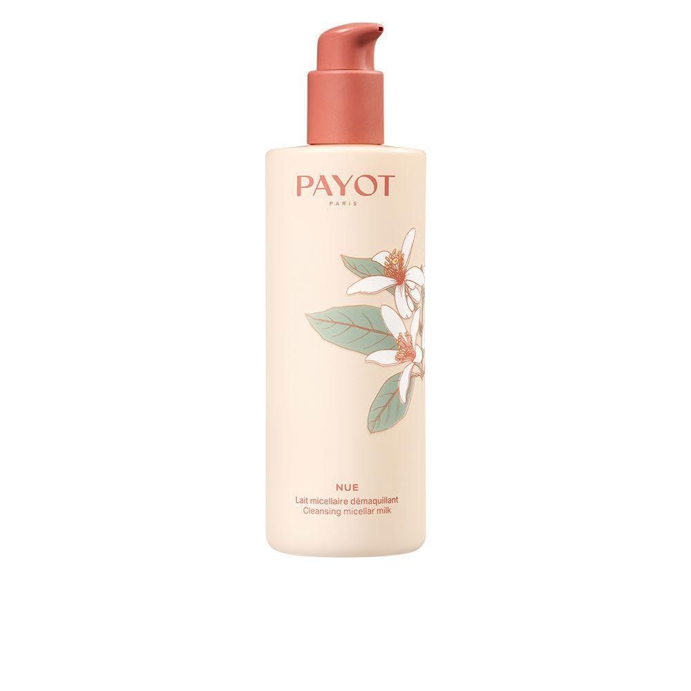 Flacon Payot avec pompe, rose pâle et crème, orné d'un motif floral.