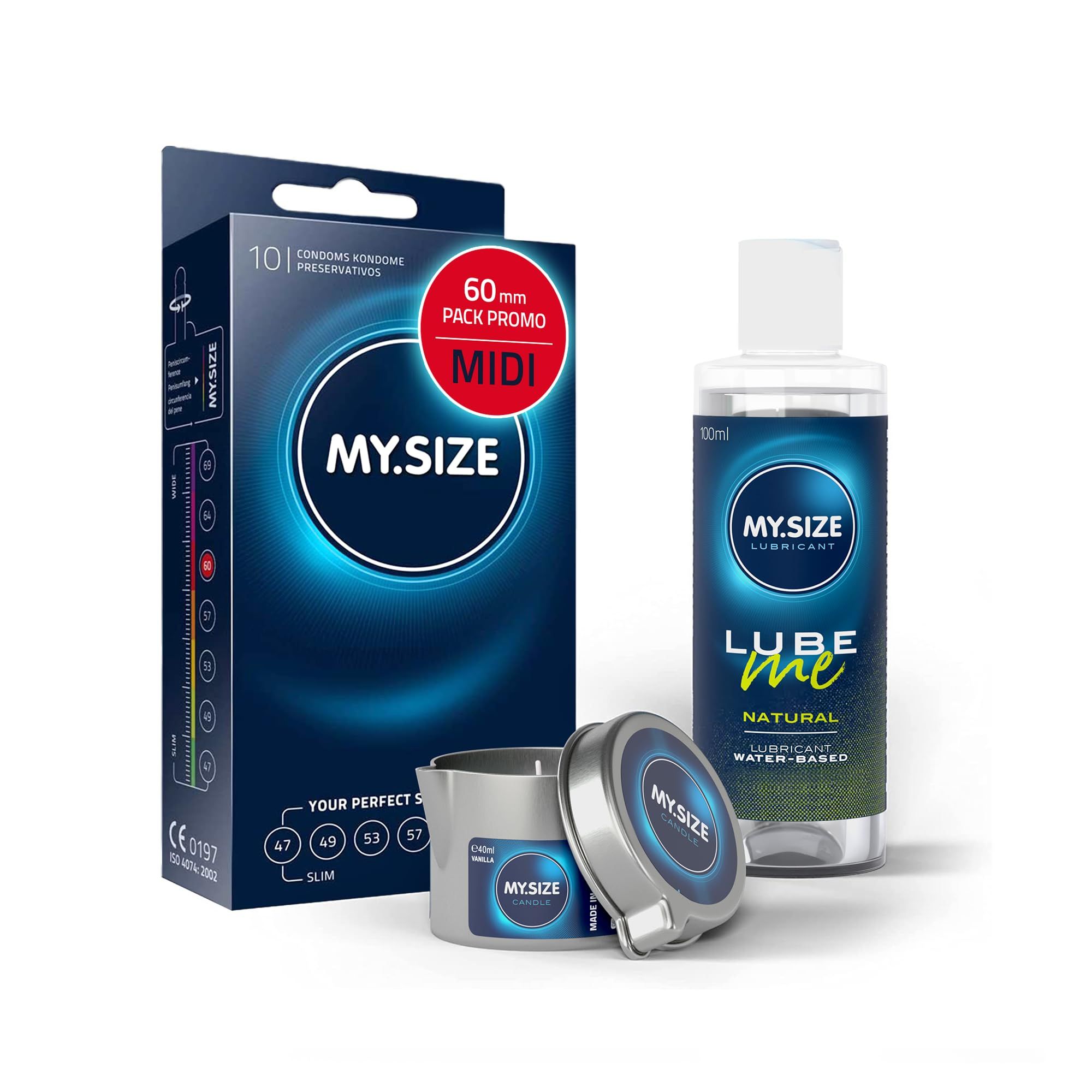 MY.SIZE PRO Préservatifs + LUBE ME Natural + Body Candle Set