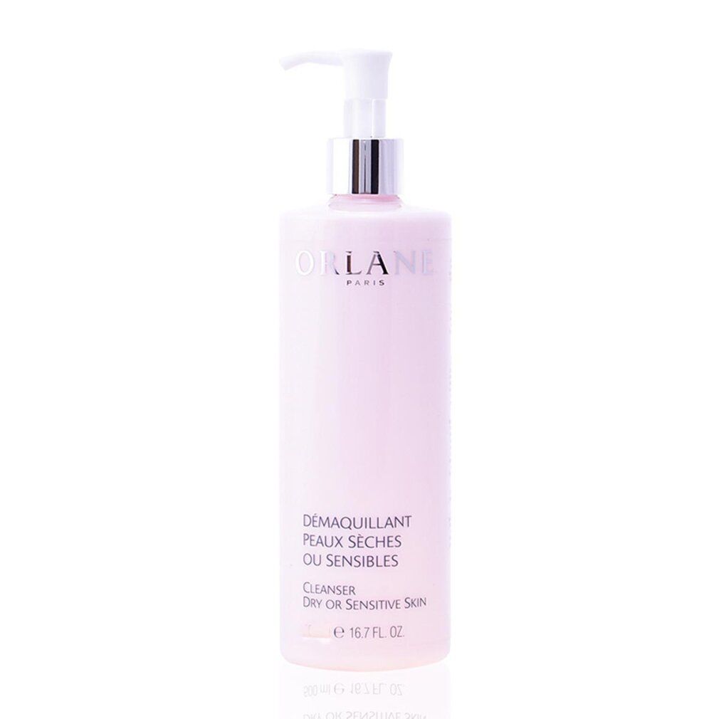 Flacon rose avec pompe. Inscription : ORLANE PARIS, DÉMAQUILLANT PEAUX SÈCHES OU SENSIBLES, CLEANSER DRY OR SENSITIVE SKIN, 16.7 FL OZ.