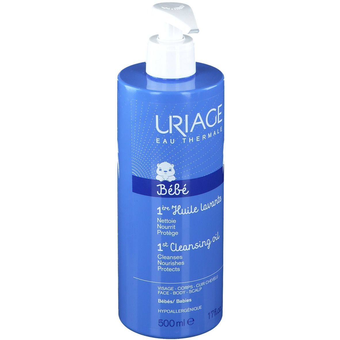 Flacon bleu avec pompe blanche. Uriage Bébé 1ère Huile lavante. Visage, corps, cuir chevelu. 500ml.