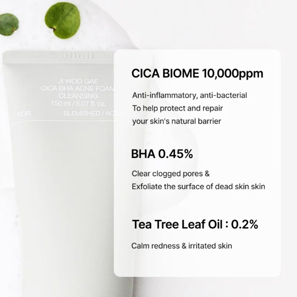 Celimax Ji Woo Gae Cica BHA acne reinigingsschuim: Cica Biome 10.000ppm, BHA 0,45%, Tea Tree Leaf Oil 0,2%.