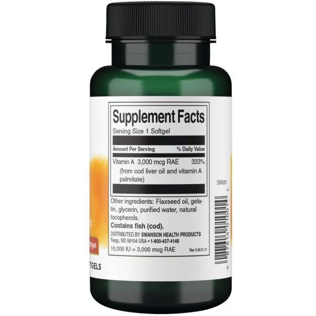 Dos d'une bouteille verte. Étiquette blanche avec informations nutritionnelles. Contient du poisson. Bouchon noir.