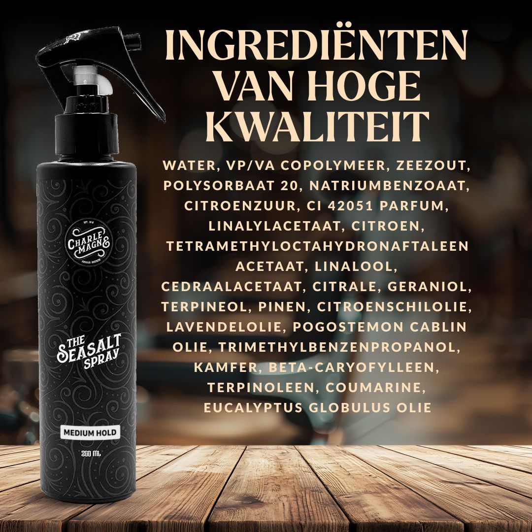 Zwarte sprayfles "The Seasalt Spray" "Medium Hold" met ingrediëntenlijst.