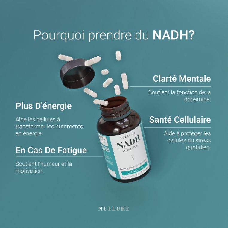 Bouteille avec des gélules tombant. "Plus d'énergie, Clarté Mentale, Contre la Fatigue, Santé Cellulaire."