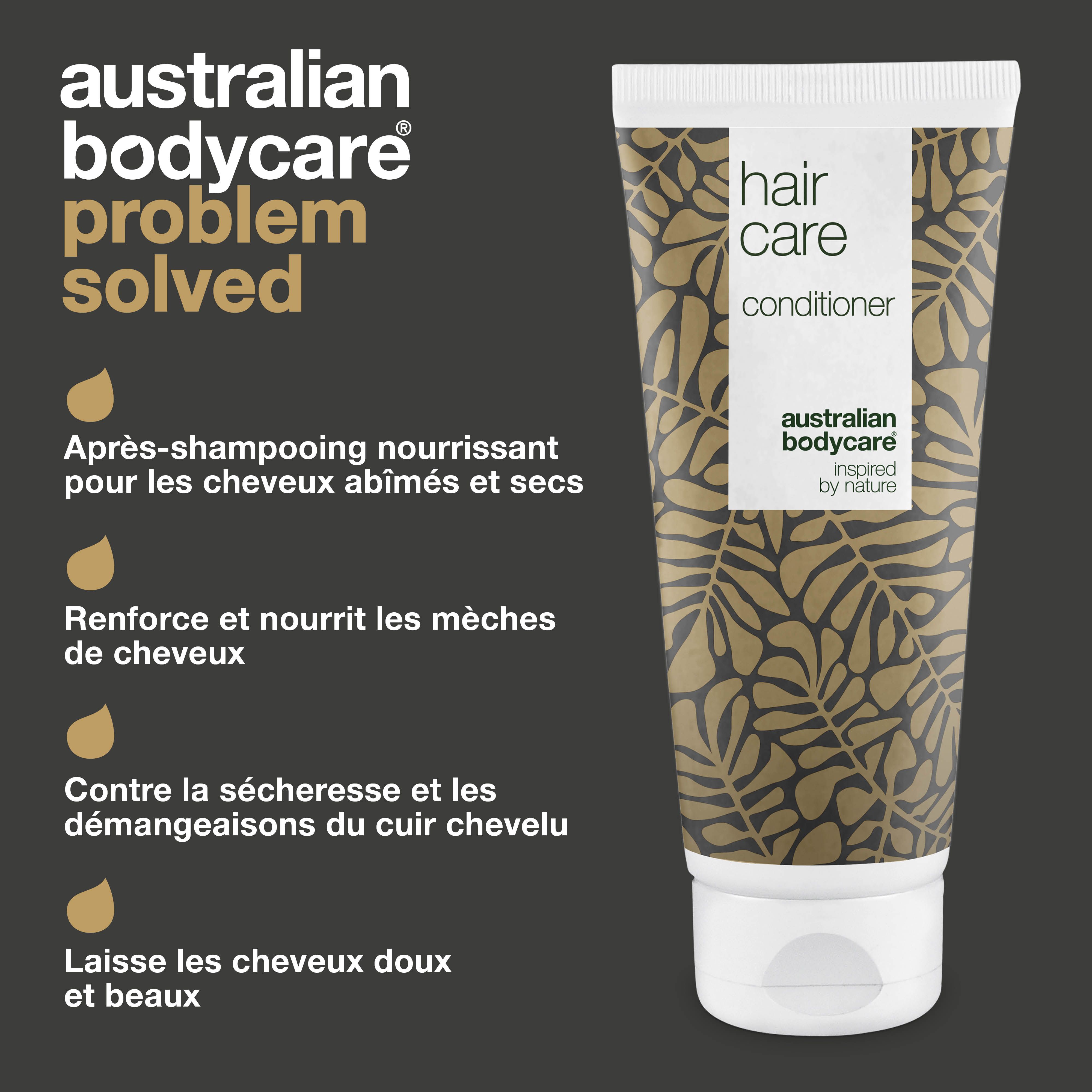 Concept produit. Tube de revitalisant capillaire. Inscription : Hair Care, Conditioner, Australian Bodycare. Texte : Après-shampooing nourrissant.