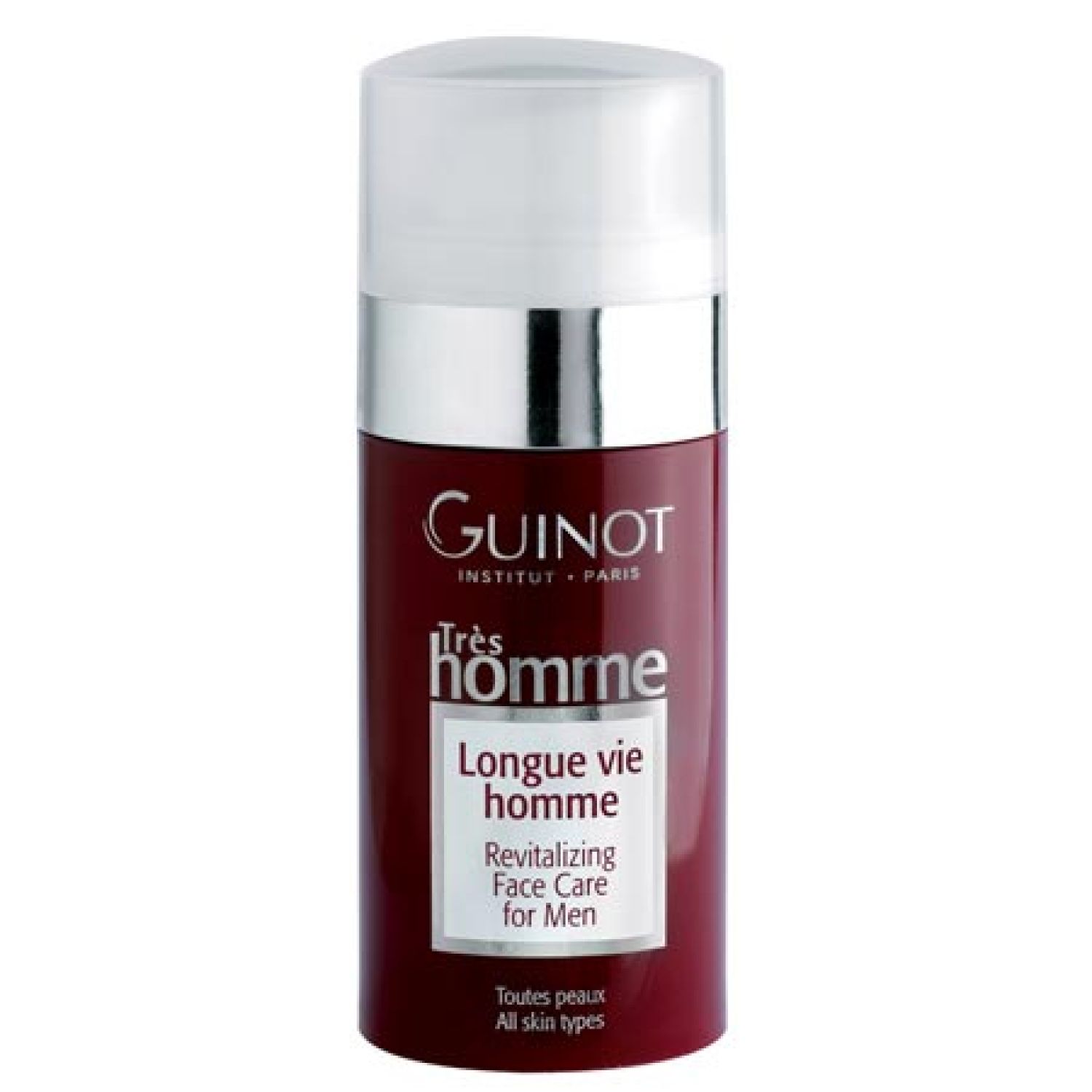 Rode fles met witte dop. Opschrift: Guinot, Trs Homme, Longue Vie Homme, Revitalising Face Care for Men.